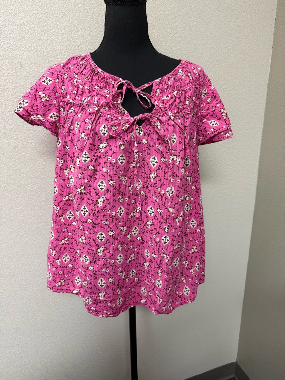 Lane Bryant Floral Tie Neck Peasant Blouse Pink Boho Cottagecore Size 16 - Picture 3 of 10